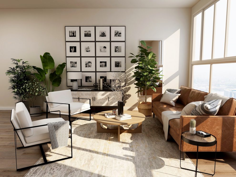 Mit Elementen wie einem Teppich, Wanddekoration und Pflanzen können Sie ein einladendes und gemütliches Wohnzimmer schaffen.